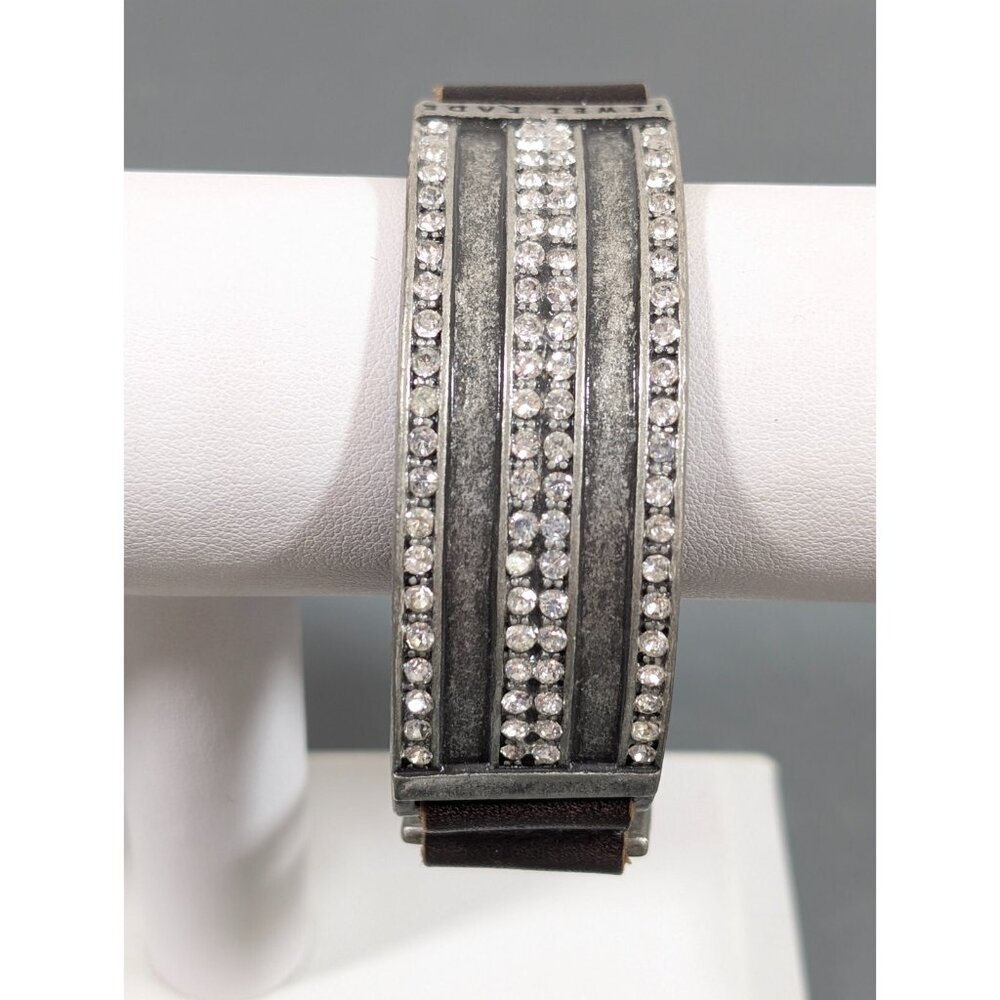 Jewel Kade JK Enchanted Crystal Pave Leather Snap‎ Cuff Bracelet Silver Tone 7"